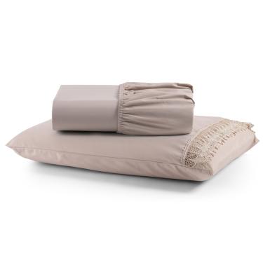 Imagem de Jogo Cama Lençol Haia Solteiro Percal 200 Fios 100% Algodão Guipir Bordado Inglês 2 Peças - Avelã