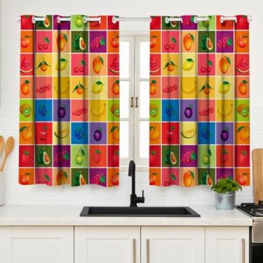 Imagem de Cortina Cozinha Pequena Decoração Simples 2,00x1,40 Estampada Oxford Vitro Frutas Xadrez Com Ilhos Basica