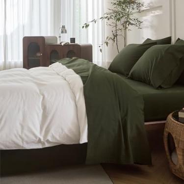 Imagem de BDEAR Jogo de cama queen verde oliva 4 peças, padrão Oeko-TEX, 100% algodão lavado, linho, lençol com elástico alto, lençol de cima aconchegante e 2 fronhas