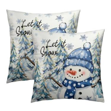 Imagem de Capas de almofada de inverno 45,7 x 45,7 cm – Pacote com 2 fronhas de algodão com zíper oculto Let it Snow boneco de neve pinheiros para sofá, cama, varanda, casa de fazenda, decoração de casa