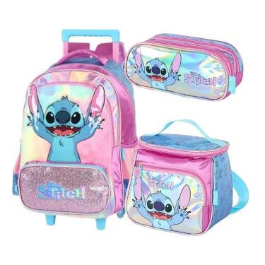 Imagem de Kit Mochila com Rodinhas Stitch Disney Lancheira e Estojo triplo-Unissex