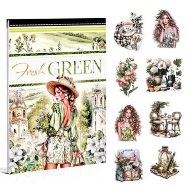 Imagem de Dwpetzo Livro de adesivos de scrapbook verde fresco para álbuns, tamanho A5, materiais de papel PET Washi, 20 folhas de adesivos de diário cortado para adultos, material de diário de lixo, agenda