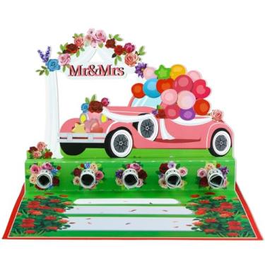 Imagem de Cartão de dinheiro de casamento 3D - Cartões de casamento de carro vermelho para noiva e noivo Pop Up Gift Card Porta-dinheiro para chuveiro de casal recém-casado