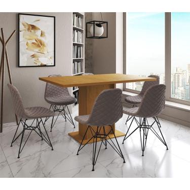 Imagem de Mesa Jantar Londres Retangular Canela 137X90Cm 6 Cadeiras Estofadas Nude Médio Ferro Preto
