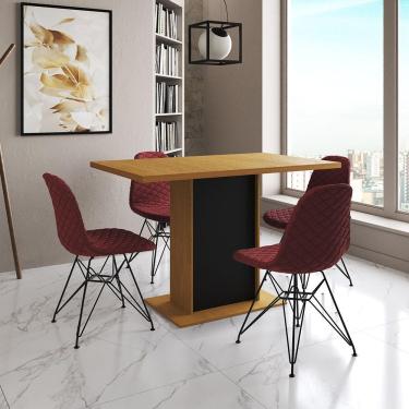 Imagem de Mesa Jantar Londres Tampo Canela 120Cm Base Preta 4 Cadeiras Ferro Preto Estofado Vermelho