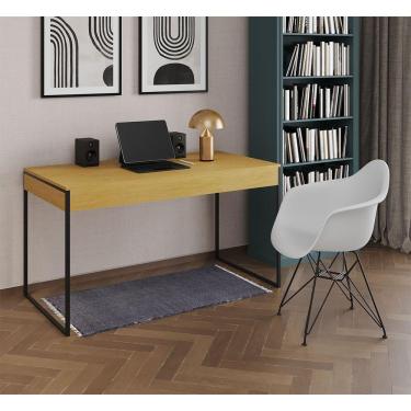 Imagem de Escrivaninha Industrial Office Estudo Malta Canela 137X53Cm Com 1 Poltrona Branca Base Marrom