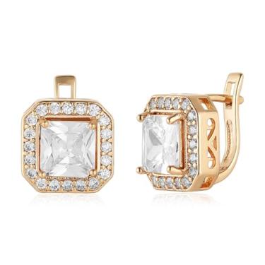 Imagem de HZMAN Brincos de cristal grandes para mulheres, banhado a ouro rosa, floco de neve, coração, lágrima, quadrado, oval, diamante, Latão, Zircônia cúbica