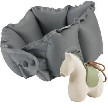 Imagem de Cavalo de viagem com travesseiro de viagem inflável oculto – Travesseiro inflável portátil para viagem, carro, avião, escritório, casa, trem – leve e lavável na máquina, Caqui, Medium