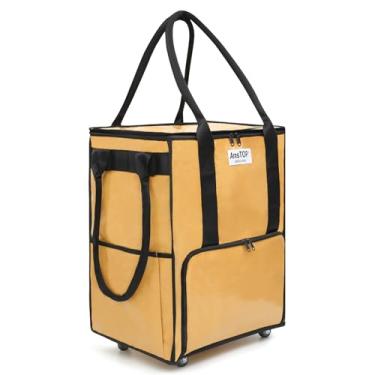 Imagem de Bolsa de compras grande reutilizável sobre rodas, carrinho de compras dobrável com até 30 kg, sacola de compras com zíper superior, leve (marrom)