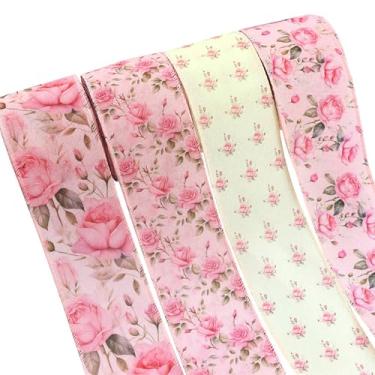 Imagem de 4 rolos de fita floral, fitas de borda com fio de flor de serapilheira, rolo de fita decorativa de tecido primavera verão para decoração de embrulho de presente, laço de cabelo, grinalda de costura