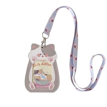 Imagem de Cordão de crachá de gato fofo com desenho animado gatinho porta-cartão de identificação kawaii chaves cordão de pescoço cordão de couro PU suporte de crachá para mulheres meninas meninos (Gato-2)