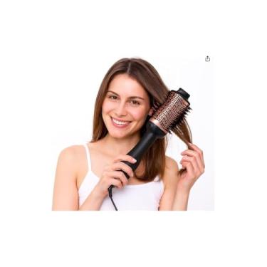 Imagem de Escova Secadora Profissional, 1300W Bivolt, Preta com Rosa, 37cm x 8cm, Tecnologia Iônica, 3 Temperaturas Ajustáveis, Design Ergonômico, Proteção Anti-queimadura