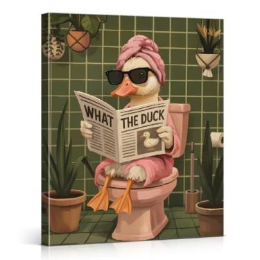 Imagem de Impressão de arte de parede de banheiro botânico de pato engraçado leitura no vaso sanitário imagem moderna decoração de parede de banheiro 20 x 25 cm emoldurada