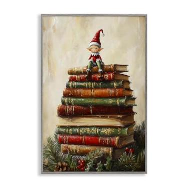 Imagem de Stupell Industries Christmas Elf Bookstack Gray Framed Giclee Art, design by Petal Prints Design, 76 x 50 cm