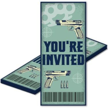 Imagem de MQCLYSG Convites de festa de jogo de tiro pacote com 20 convites de bilhetes de tiro de arma de dardo com envelopes cartões de convites