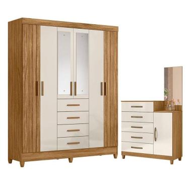 Imagem de Guarda Roupa Solteiro Aruba Com Espelho E Cômoda Lisboa Freijó Off White - Moval