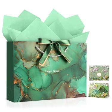 Imagem de YoungTree Saco de presente grande com papéis de seda e 1 cartão de felicitações fita de 2 cores, bolsa de presente de aniversário de papel portátil com alças, sacos de presente para lembrancinhas de