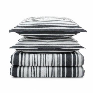 Imagem de Kit Cobre Leito Colcha Magnus Casal 3 Peças Dupla Face Estampado Geométrico - Preto - 100% Poliéster