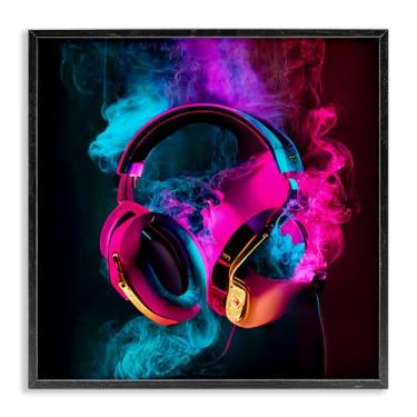 Imagem de Stupell Industries Power Play Fones de ouvido rosa e azul arte giclée emoldurada branca, design por Sasha, 12 x 12