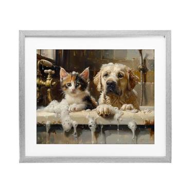 Imagem de Stupell Industries Impressão emoldurada cinza Bath Buddies Cat & Dog Under Glass, design de Shawna Stewart, 43 x 53 cm