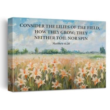 Imagem de Pôster de arte de parede em tela cristã com escrituras botânicas Considere os lírios do campo Luke 12:27 Impressão de arte bíblica emoldurada para decoração de casa, sala de estar, quarto, 28 x 37 cm