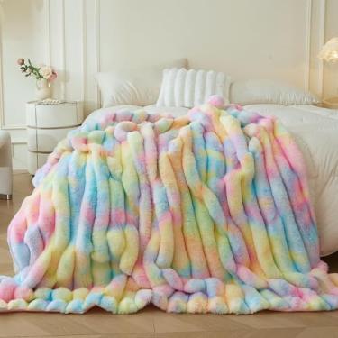 Imagem de MEGO Manta fofa de pele de coelho sintética, cobertor felpudo listrado canelado para cama, sofá, cadeira, fofo, tie dye felpudo para quarto, sala de estar, cobertor peludo para crianças, meninas