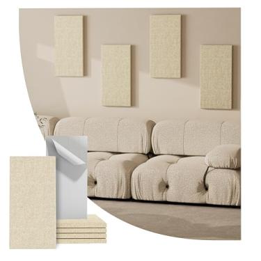 Imagem de Reverbeon Painéis acústicos de 4 peças, painéis de parede à prova de som de tecido de 61 x 30 cm, painéis autoadesivos de absorção de som para casa, escritório, estúdios (bege cáqui)