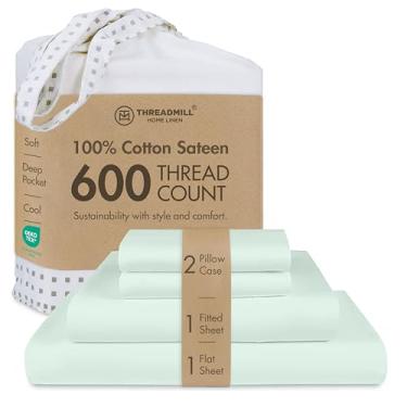 Imagem de Threadmill Jogo de lençol Queen | Lençóis de cama queen 600 fios com bolso profundo de 40,6 cm | Conjunto de cama de 4 peças de trama de cetim com efeito refrescante | Seaglass
