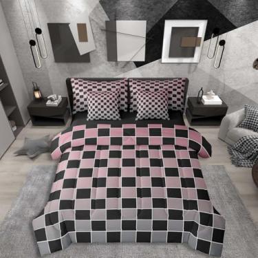 Imagem de Erosebridal Jogo de cama King xadrez preto em uma bolsa, 7 peças, rosa, cinza, ombré, com lençóis, xadrez, buffalo, para crianças e adultos, conjunto de cama de guingão