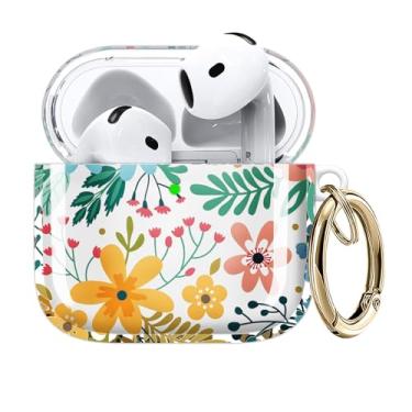 Imagem de Capa compatível com AirPods 4 2024 - Capa de TPU transparente com chaveiro dourado e carregamento sem fio (linda flor abstrata pequena)