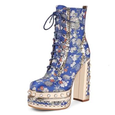 Imagem de Feinlina Botas femininas plataforma de salto bloco cowgirl para mulheres, tecido bordado vermelho, pedras preciosas, bico fechado, vestido de festa de casamento, Azul, 35