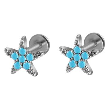Imagem de Niaspi Brincos de cartilagem de estrela de cristal aço inoxidável azul turquesa zircônia cúbica anéis labiais labret tachas tragus helix monroe piercing labial joias para mulheres e homens, 16g, Aço