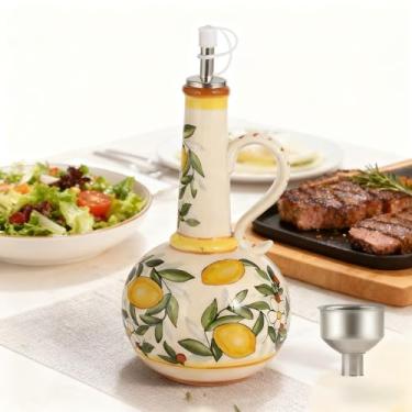 Imagem de HeiheiTom Garrafa dispensadora de azeite de oliva de cerâmica 652 g, garrafas de azeite de oliva pintadas à mão, galheteiro decorativo de grés para cozinha com bico de aço inoxidável para óleos