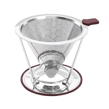 Imagem de HAPYHOOM Gotejador de café de aço inoxidável, filtro de cone de metal, sem papel, reutilizável, máquina de copo único, 1-2 xícaras com suporte antiderrapante e removível