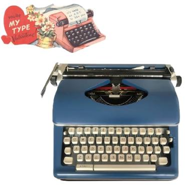 Imagem de Máquina de escrever manual retrô clássica, máquina de escrever manual de metal à moda antiga, botões flexíveis, caligrafia transparente para letras, escrita criativa, multicor azul