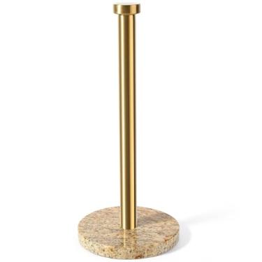 Imagem de Koville Suporte de toalha de papel, suporte de rolo de papel em pé com base de mármore ponderada de 15 cm, suporte de toalha de papel de pedra com haste de aço inoxidável dourada para cozinha e