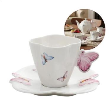 Imagem de Conjunto 6 Xícaras de Café Porcelana com Pires 100ml Borboletas Branco