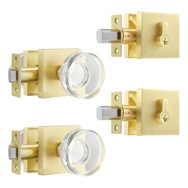 Imagem de Heittis Pacote com 2 maçanetas de porta de cristal, maçanetas de vidro modernas com conjunto de fechadura de cilindro único, acabamento em latão acetinado