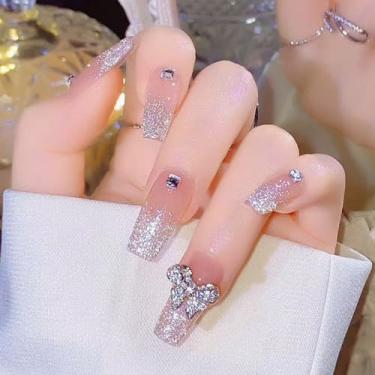 Imagem de Unhas postiças francesas de caixão médio longo com laço 3D requintado design de glitter cobertura completa cola acrílica falsa em unha para mulheres, 24 peças