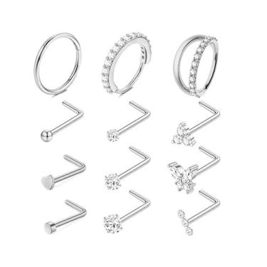 Imagem de Niaspi 12 peças de argola de nariz piercing de nariz 20G aço inoxidável minúsculo strass coração estrela borboleta em forma de L parafuso cartilagem narina piercing joia para mulheres homens (prata)