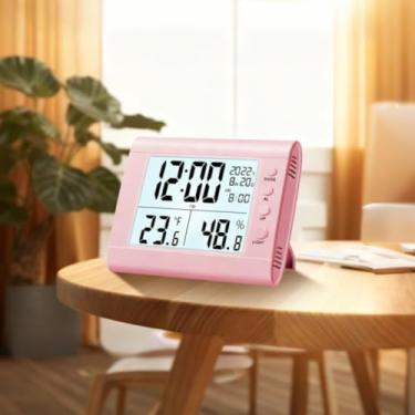 Imagem de Despertador digital para quartos, relógio eletrônico multifuncional, visor LED com higrômetro, termômetro, umidade digital, temperatura, visor digital estéreo, despertador para casa (rosa)