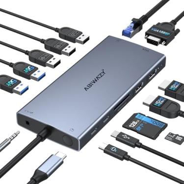 Imagem de Estação de ancoragem USB C de monitor duplo para laptop Dell/HP/Lenovo/Surface, adaptador multiportas de exibição tripla, 15 em 1, hub USB C, dongle de base USB C com 2 HDMI + VGA + 6 USB C/A + botões