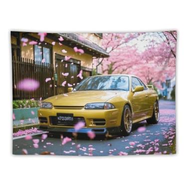 Imagem de HouLaiZhe JDM Tapeçaria de carro vintage R32 Jdm carro flores de cerejeira rua pendurar na parede quarto decoração de casa tapeçarias estética piquenique decoração de parede arte de parede para