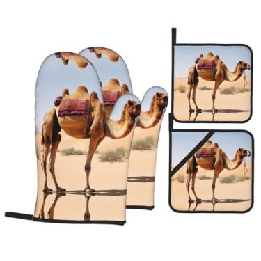 Imagem de Camel - Conjunto de luvas de cozinha estampadas com suportes de tampa, luvas de forno resistentes ao calor para manusear panelas quentes, grelhar, churrascos, kit de 4 peças.