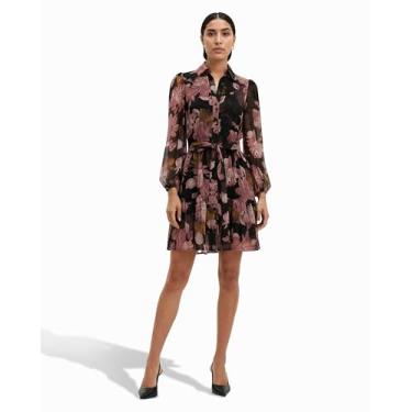 Imagem de Anne Klein Vestido feminino de manga comprida estampado em camadas, Anne Black Multi, 50