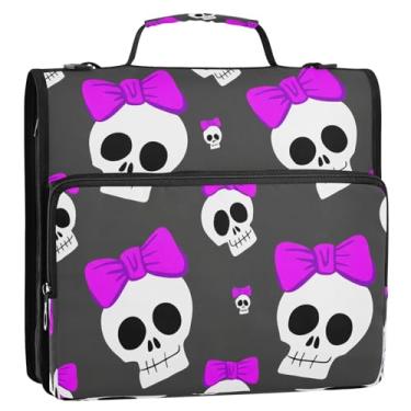 Imagem de Wassud Caveiras com laços, fichário com zíper, 3 anéis com alça de ombro e alça Trapper Keeper, organizador de pasta de arquivos expansível, vários bolsos