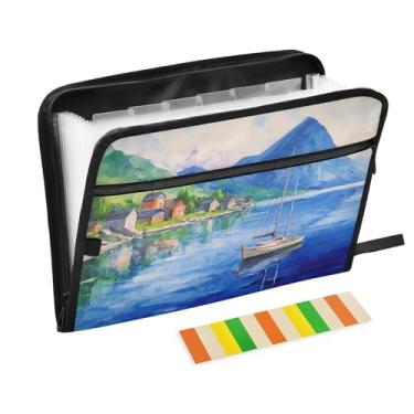 Imagem de Wassud A Boat on A Lake Organizador de arquivos sanfonado com 13 bolsos, pastas expansíveis com abas e adesivos, organizador de pastas de documentos de recibo de papel tamanho carta A4 para viagens de