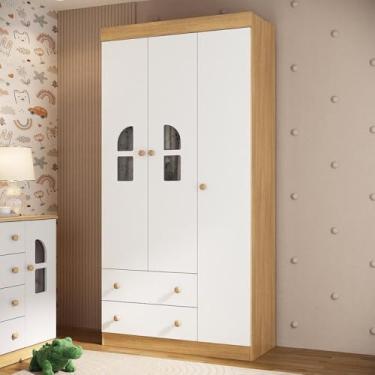 Imagem de Guarda-roupa Infantil 92cm com Vidro 3 Portas e 2 Gavetas Amora Multimóveis Mp4508 Madeirado/branco