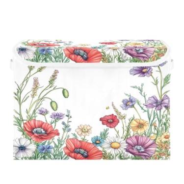 Imagem de WELLDAY Caixa de armazenamento de flores silvestres botânicas com tampas, bancos maiores dobráveis de armazenamento de tecido com alças para sala de estar, sala de jogos, quarto, berçário de 40 x 30 x