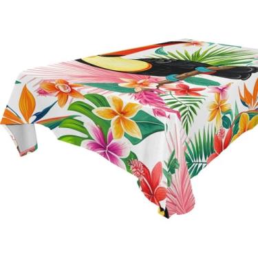 Imagem de Burbuja Toucans Toalha de mesa de flores tropicais, toalha de mesa retangular, anti-rugas, grossa para decoração de jantar, cozinha, festa, 137 x 183 cm
